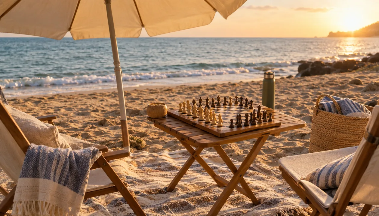Как организовать место для шахмат на пляже: зонт, плед, столик
