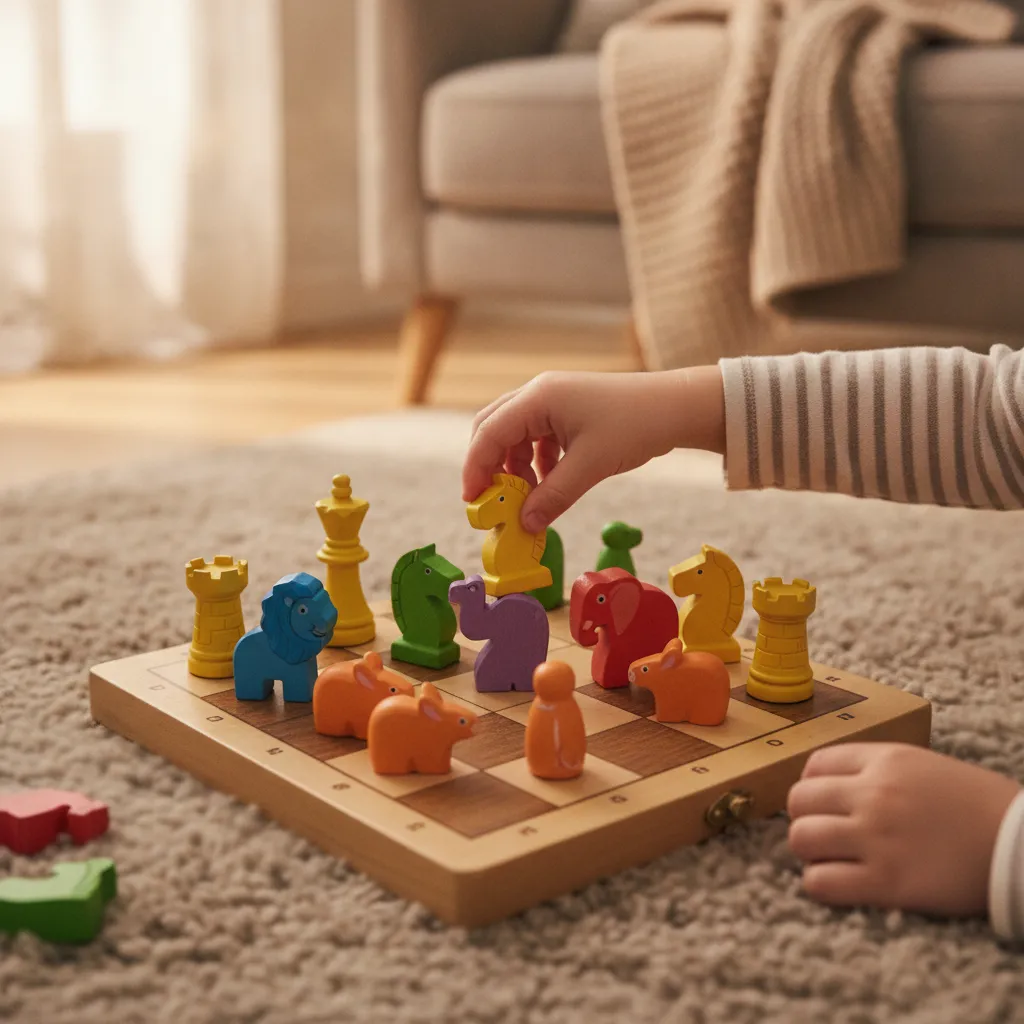 Ребенок играет в фигурные шахматы на полу
